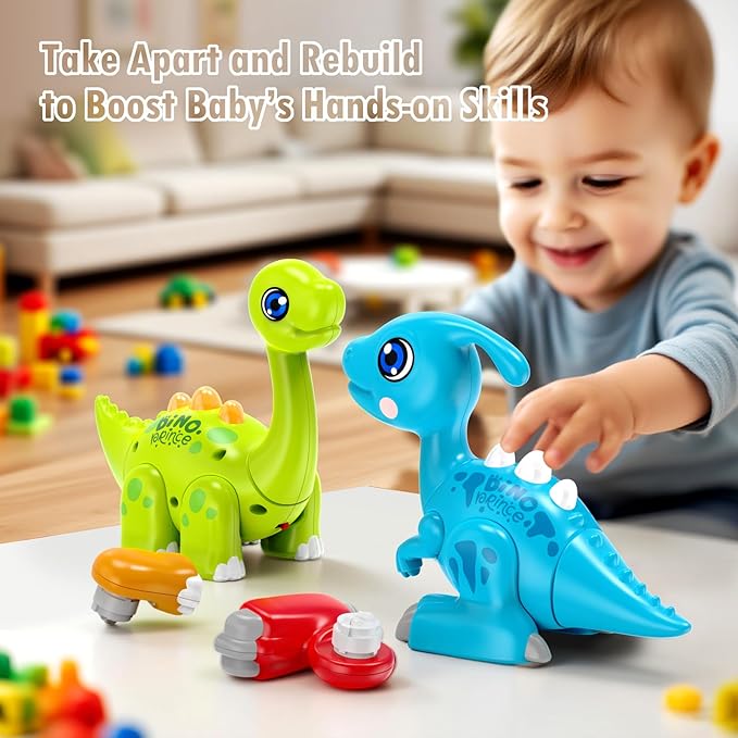 Marstone Toddler Dinosaur Toys for 1 Year Old Boy Gifts: Educational Light Up Sound Building Baby Musical Toys 12-18 Months, Mix and Match Learning Birthday Gift for Kids 1 2 3 Year Old