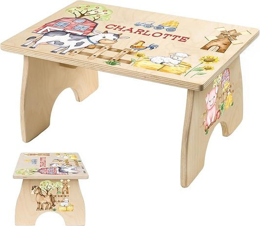 Farm Animal Step Stool for Toddlers- Personalized Wood Kids Step Stool with Name for Kitchen Sink, Bathroom, Potty Training, Kitchen Sink- Sturdy and Safe- Made in USA by BloomOwl (Farm- Watercolor)