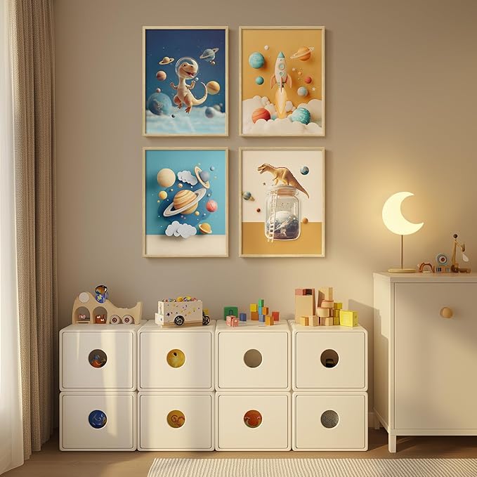 Framed Outer Space Themed Wall Art for Kids Room, 4 Piece Planets Rocket Canvas Wall Art Prints, Modern Space decor for Boys Bedroom, Nursery, Playroom, Bathroom Wall Decor, 11x14 Inch