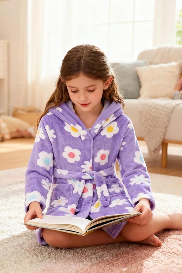 Girls Fleece Hooded Robe Warm Sleepwear for Toddler Kids Soft Fuzzy Bathrobe Gifts
