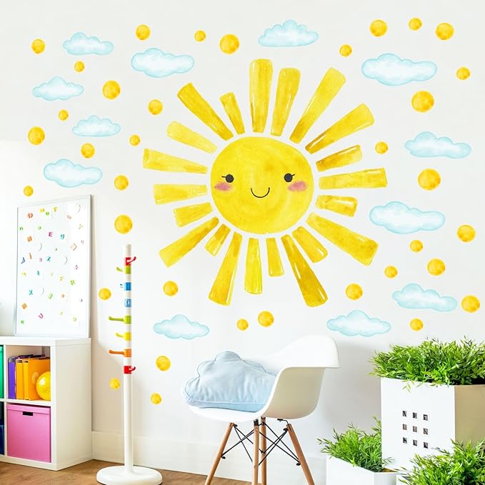 Eutecado Watercolor Large Sun Wall Decals Cloud Polka Dots Wall Stickers for Kids Room, 12 Sheets Lovely Smile Sun Wall Decor Stickers Peel and Stick Wall Decorations Stickers for Bedroom Nursery