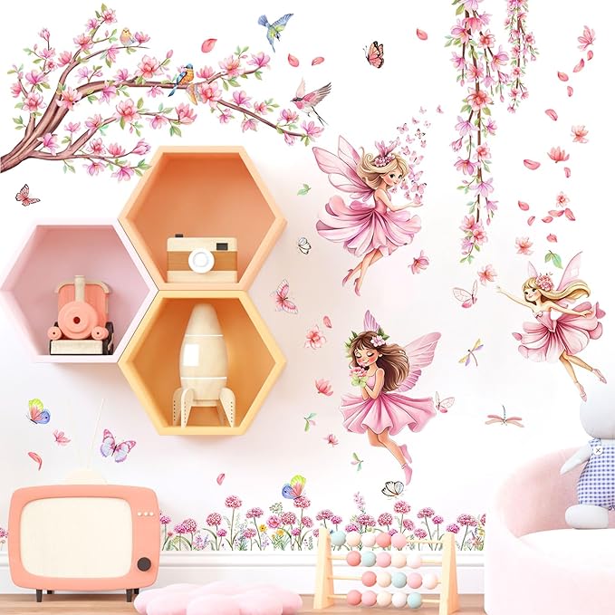 CharmFlo Pink Fairy Garden Wall Decals with Cherry Blossom Tree Floral Wall Stickers Peel and Stick Butterflies Birds DIY Wall Art for Girls Bedroom Baby Nursery Kids Room