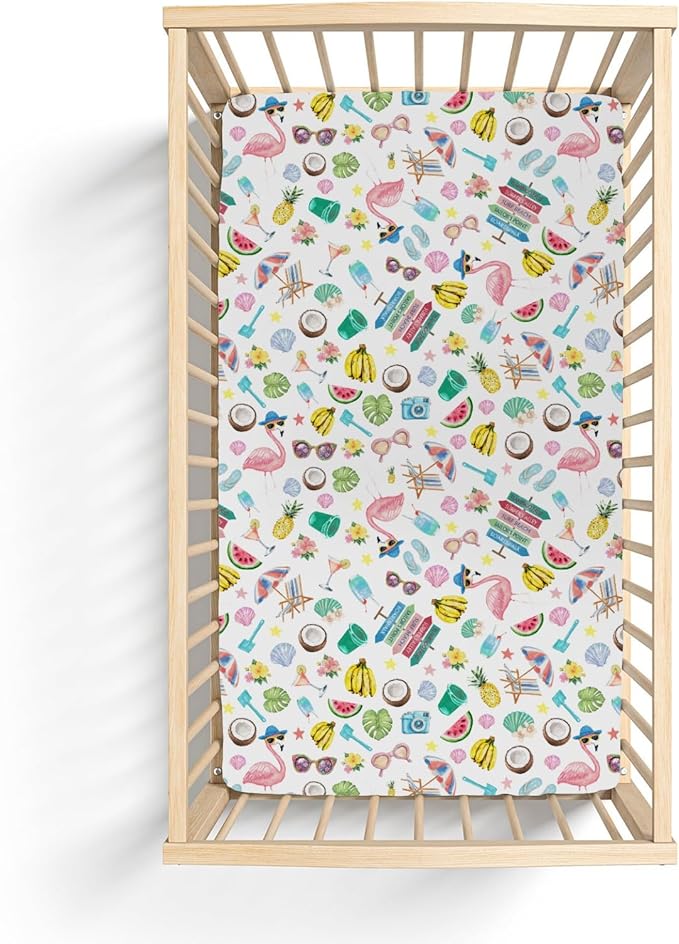 Surf Beach Summer Baby Crib Sheets for Boy Girl 28"x52" Flamingo Tropical Leaves Floral Fruits Soft Stretchy Fitted Crib Mattress Cover Beach Party Vacation Baby Sheet for Crib & Toddler Bed Mattress