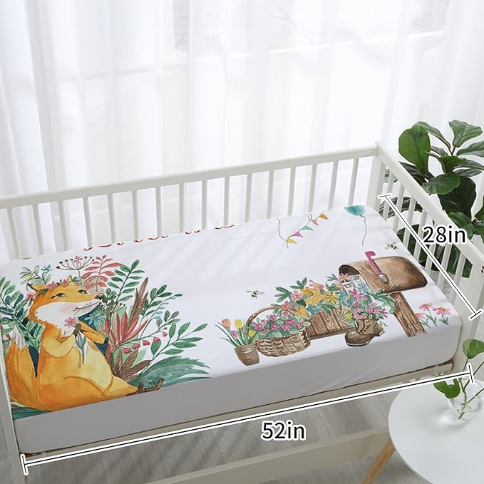 Custom Name Crib Bedding Set, Personalized Fox Baby Bedding 5-Piece Set with Soft Blanket Fitted Sheet Changing Pad Cover Rug and Wall Art, Cute Forest Animal Nursery Decor for Newborn Boys Girls