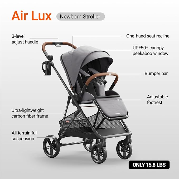 MAMAZING Air Lux Baby Stroller, Strength Carbon Fiber Frame & Only 15.8lbs, Infant Stroller with Bassinet & Cup Holder, One-Hand Compact Folding & Reversible Seat, Soft Insert & Car Seat Adapter