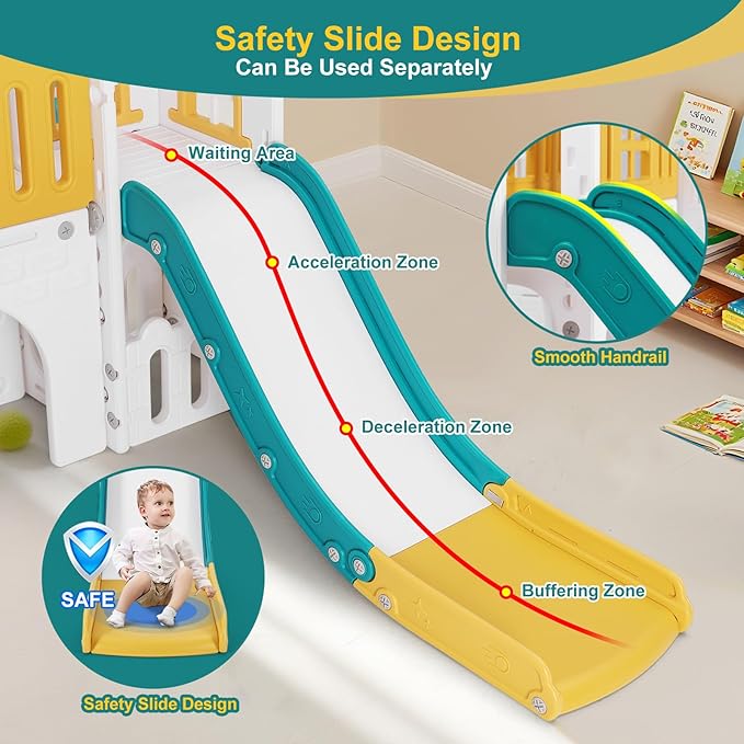 JOYLDIAS 9 in 1 Toddler Slide, Freestanding Kid Climber Slide Playset, Toddler Playhouse with Slide, Basketball Hoop and Climbing Frame, Indoor Outdoor Backyard Playground Toy for Toddlers Age 1-3+