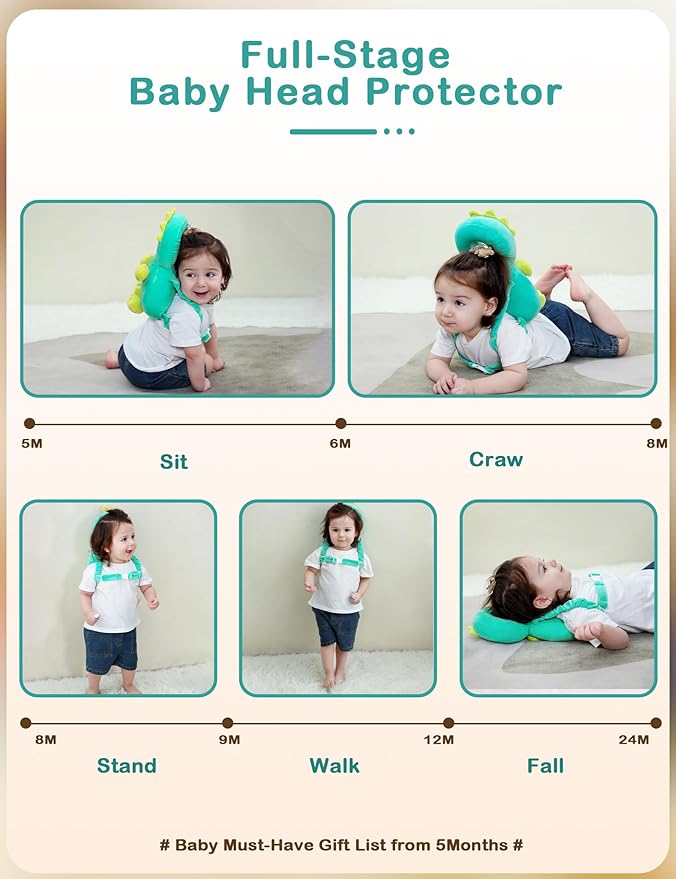 JunNeng Baby Head Protector Backpack,Toddler Walker Fall Head Protection,Green Dinosaur B
