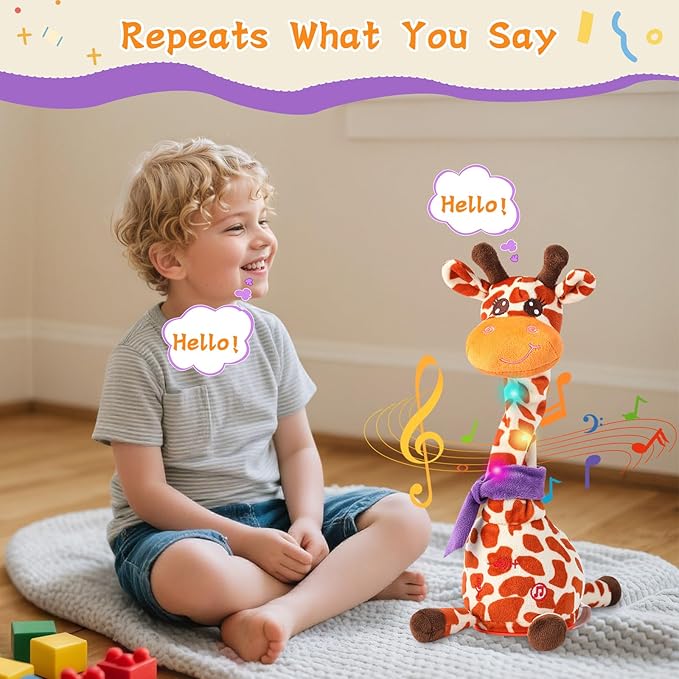 Dancing Talking Giraffe Toy, Stuffed Animal Baby Toy Repeating What You Say, Glowing Musical Electronic Giraffe Gifts for Toddlers 1-3 Years Old (New Giraffe)