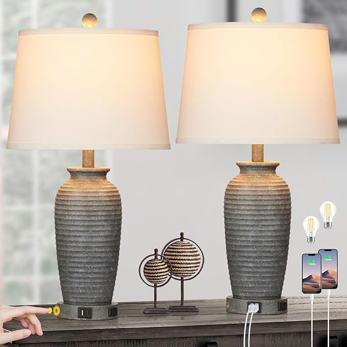 CINSARY 25" Farmhouse Jar Table Lamps Set of 2, 3 Way Touch Control Rustic Bedside Lamps with USB A+C Ports & AC Outlet, Pot Nightstand Lamps for Bedroom Living Room (LED Bulbs Included)