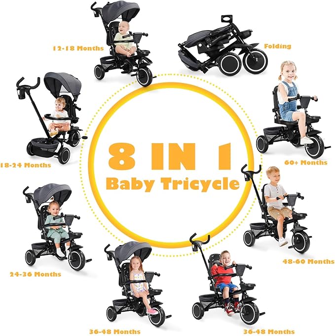 Folding Kids Tricycle, 8 in 1 Baby Trike W/Removable & Adjustable Canopy, Parent Handle, 5-Piont Safety Harness, Toddler Bike Stroller for Kids 1-6 Years, EVA Wheels, Storage Basket, Grey