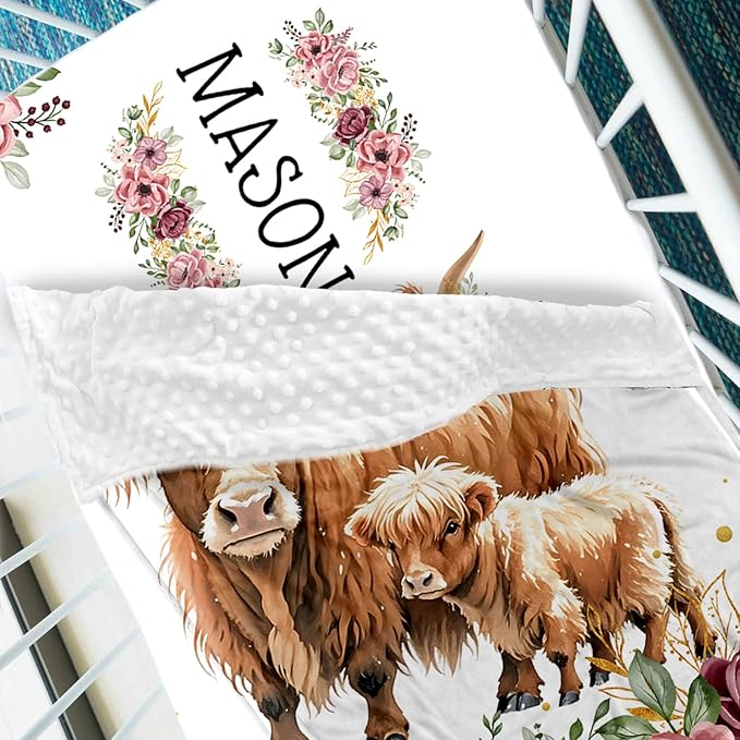 Personalized Crib Bedding Set, Toddler Highland Cow Theme Set with Name, 2 Pcs Baby Crib Set for Infant Baby, Comfort Double Layer Blanket and Crib Sheet, Newborns Gifts for Boys