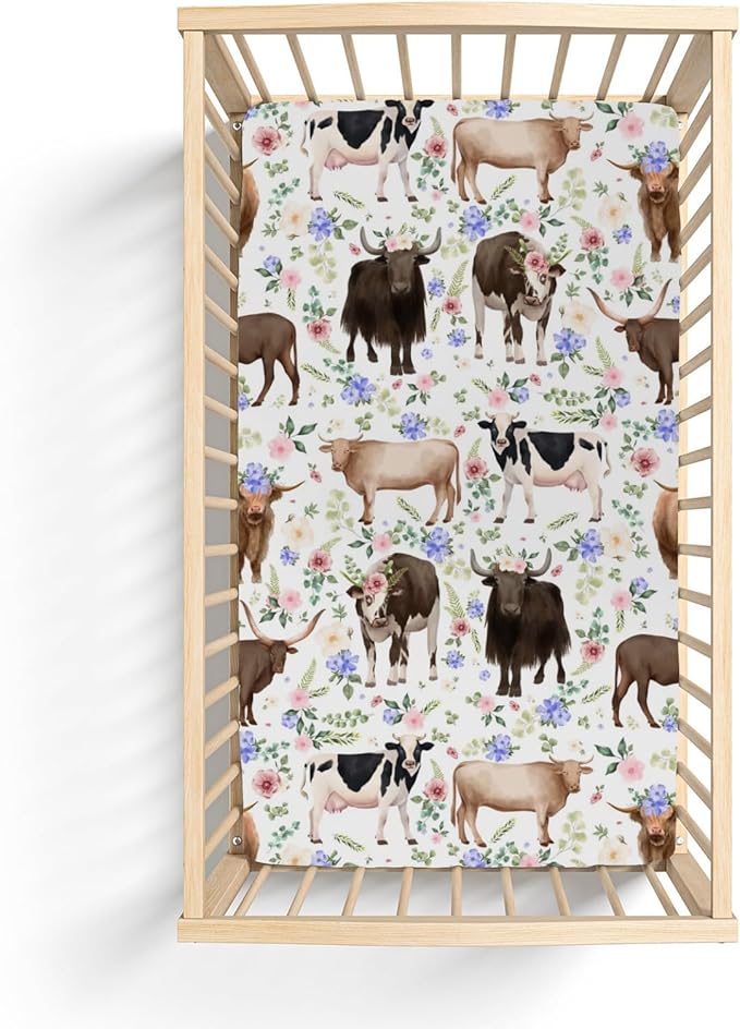 Highland Cows Boho Flowers Baby Crib Sheets for Boy Girl 52x28Inch Cows Breeds Farm Soft Snug Fitted Crib Mattress Cover Country Farmhouse Animal Baby Sheet for Crib and Toddler Bed Mattresses