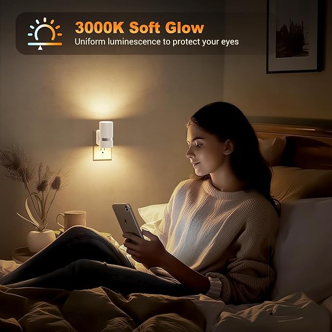 JandCase Night Lights Plug into Wall, Automatic Night Light with Dusk to Dawn, 2 Pack 3000K Soft Warm 0-100LM Dimmable Plug in LED Nightlight for Bedroom, Hallway, Stairs