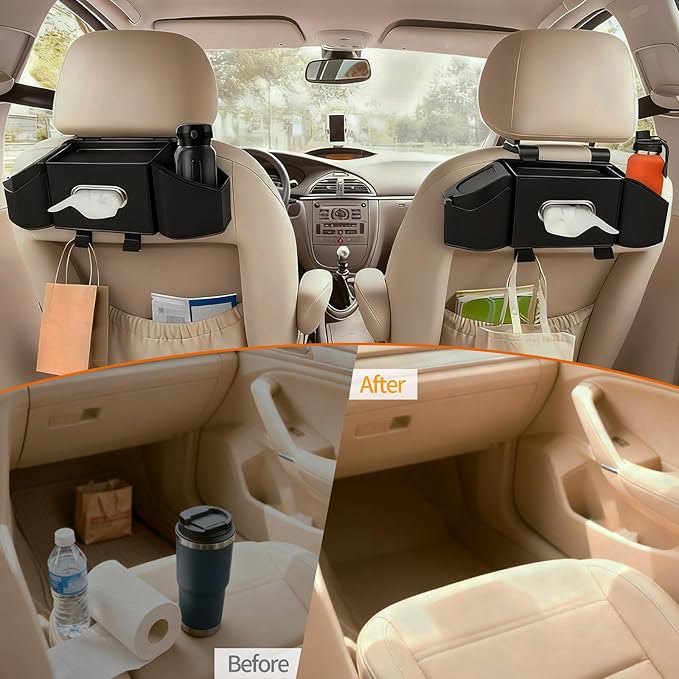 Oivjckx 7-In-1 Multifunctional Car Seat Back Organizer with Cup Holders, Tissue Box, Garbage Can & Hooks, Headrest Storage & Cup Holder for Backseat (Black)