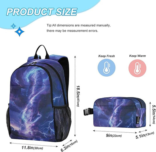 Jucciaco Blue Lightning Tornado Backpack with Lunch Bag, School Travel Backpack for Teens Boys Girls Backpacks Set
