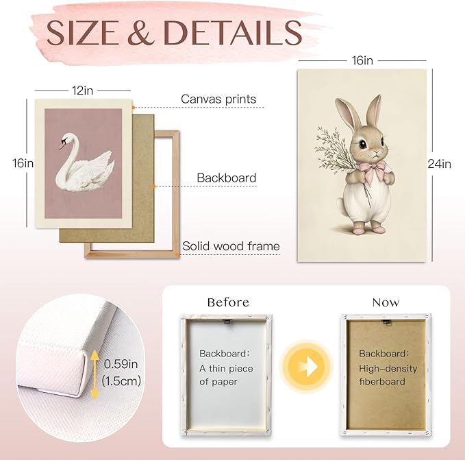 Hianan Pink Baby Girl Nursery Wall Decor Cute Bunny Wall Art Cozy Rabbit Canvas Artwork Elegant Swan Poster Prints Vintage Hot Air Balloon Painting Prints for Kid's Room Baby Room Framed 16"x24"x3