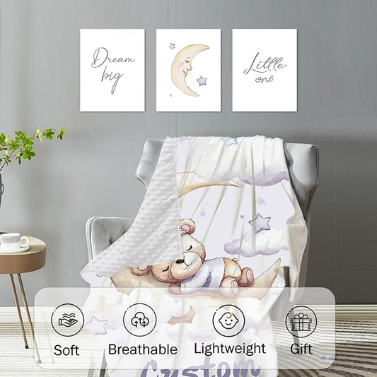 Personalized Baby Crib Bedding Set, Custom Name Nursery Bedding 5-Piece - Baby Blanket Fitted Sheet Changing Pad Cover Rug and Wall Art, Adorable Bear Theme Crib Gift for Boys Girls