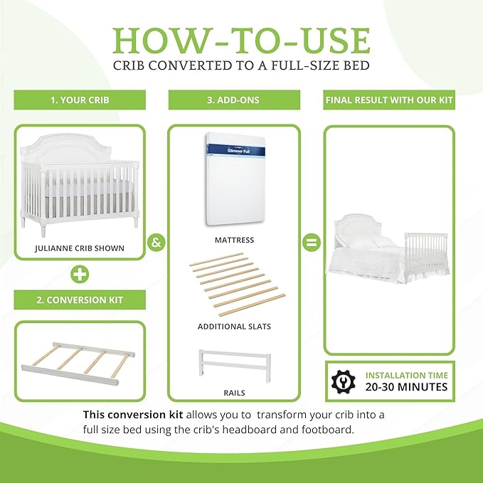 Full-Size Conversion Kit Bed Rails for Evolur Cribs - Solid Wood Crib Convertible Kit to Kids Bed - Transitional Style Rails & Easy-to-Install Child Essentials for Safety (Brushed White)
