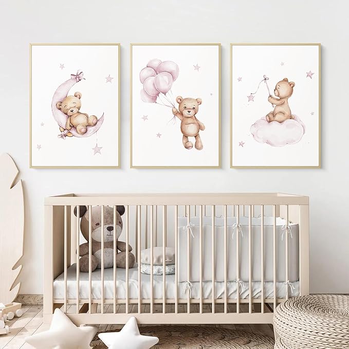 Bear Nursery Wall Art Decor Set of 3 Teddy Bear Wall Art Baby Girl Canvas Wall Decor Pink Pictures Balloon Nursery Children Prints Artwork Moon Star Cloud Art for Boys Room Bedroom 12x16 Inch Framed