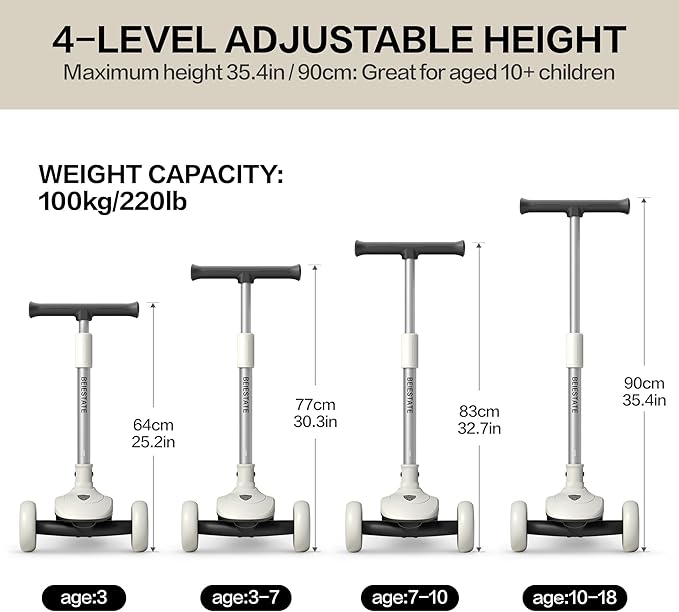 Kick Scooter for Kids Ages 3-18, Max 220 Lbs, Toddler Scooter with Adjustable Lean-To-Steer Switch, Foldable, Wide Anti-Slip Deck, Lightweight, 4 Adjustable Heights, Light up 3 Wheel Scooter