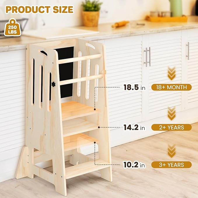 Worldmx Kids Kitchen Stool Helper, Adjustable Height Toddler Kitchen Step Stool, Learning Standing Tower with Blackboard, 1-3 Years Old Boys Girls Gift