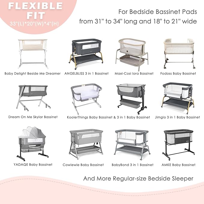 3 Pack Soft Strecthy Bassinet Sheets - 33"x20" Bedside Bassinet Sheets for Baby Delight, Angelbliss, Maxi-COSI & Most Bedside Sleeper | Breathable & Skin Friendly Bassinet Fitted Sheets for Girls
