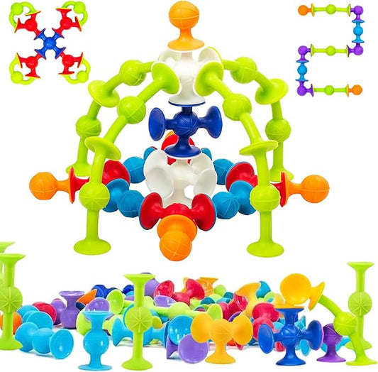 48 Piece Suction Cup Bath Toys for Kids Ages 3+, Sensory Toys for Autistic Children, Stocking Stuffers Travel Window Stem Learning, Bathtub with Storage