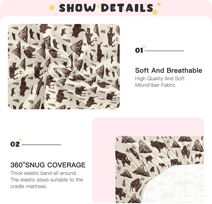 Fitted Crib Sheets for Baby Boys or Girls Soft Breathable Baby Play Yard Sheet for Standard Size Crib Mattress 52x28in National Park Deer Bear Moose