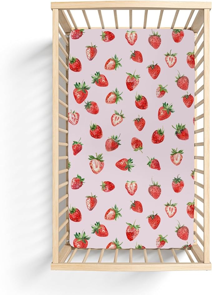 Red Strawberries Baby Crib Sheets for Boy Girl 52x28Inch Watercolor Strawberries Fruit Soft Snug Fitted Crib Mattress Cover Sweet Summer Pink Baby Sheet for Standard Crib and Toddler Bed Mattress