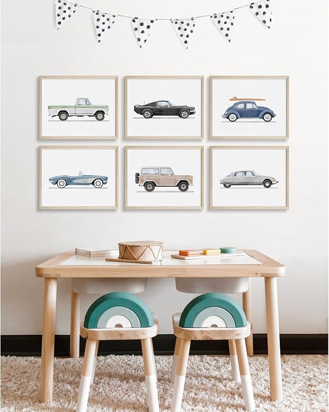 Blue Car Wall Art Decor Boys Room Wall Art Vintage Cars Canvas Poster Pictures Toddler Kids Room Prints Watercolor Vehicle Artwork Painting for Boys Bedroom Nursery 8x10 Inch Wood Framed Set of 6