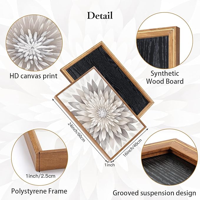 CHDITB Modern Floral Burst Framed Canvas Wall Art Set, Nature Flower Petal Wall Decor, Neutral Beige And Gray Botanical Painting, Contemporary Art Prints For Living Room Bedroom Office-16 x24 x3