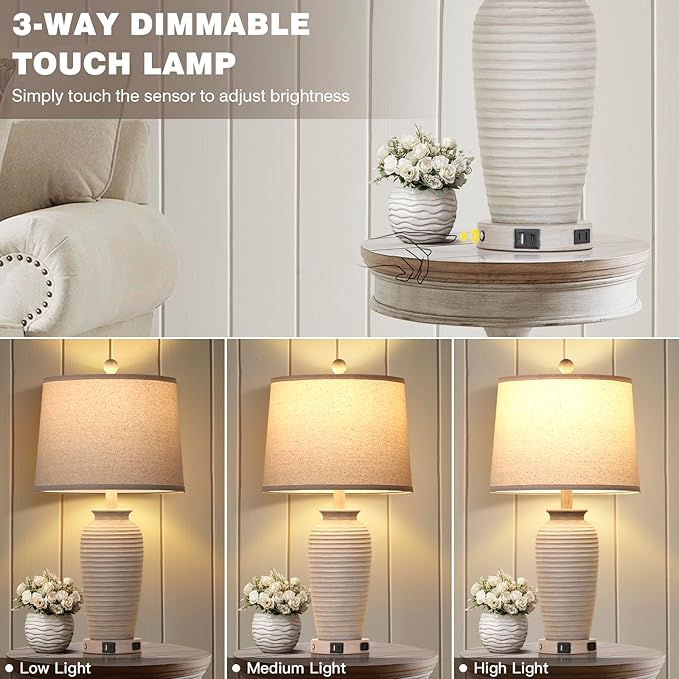 CINSARY 25" Farmhouse Jar Table Lamps Set of 2, 3 Way Touch Control Rustic Bedside Lamps with USB A+C Ports & AC Outlet, Pot Nightstand Lamps for Bedroom Living Room (LED Bulbs Included)