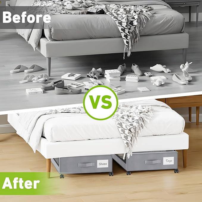 Molutsody Under Bed Storage with Wheels, 2-Pack Underbed Storage Containers with Clear Lids, Under Bed Shoe Storage Organizer Bins, Rolling Under Bed Storage for Clothes Shoes Blankets (Grey)