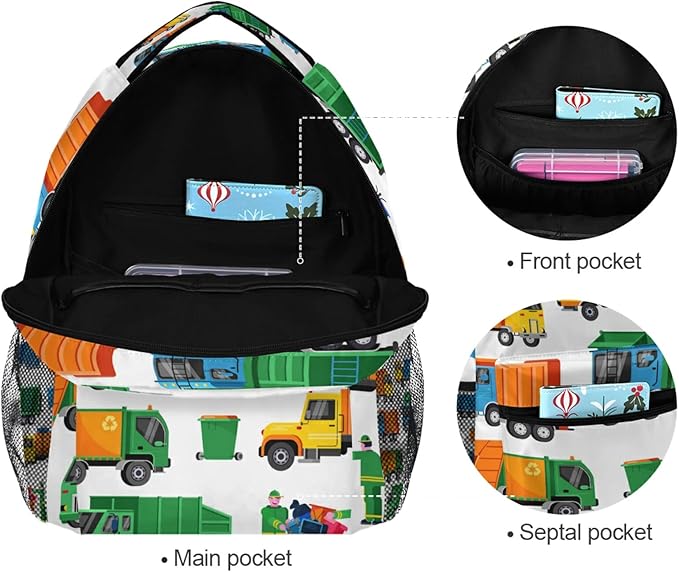 Garbage Trucks Backpack Travel Laptop Backpack Daypacks, Trash Trucks College School Computer Bag Bookbag for Women & Men Outdoor Camping&Fits Up to 14-inch Notebook
