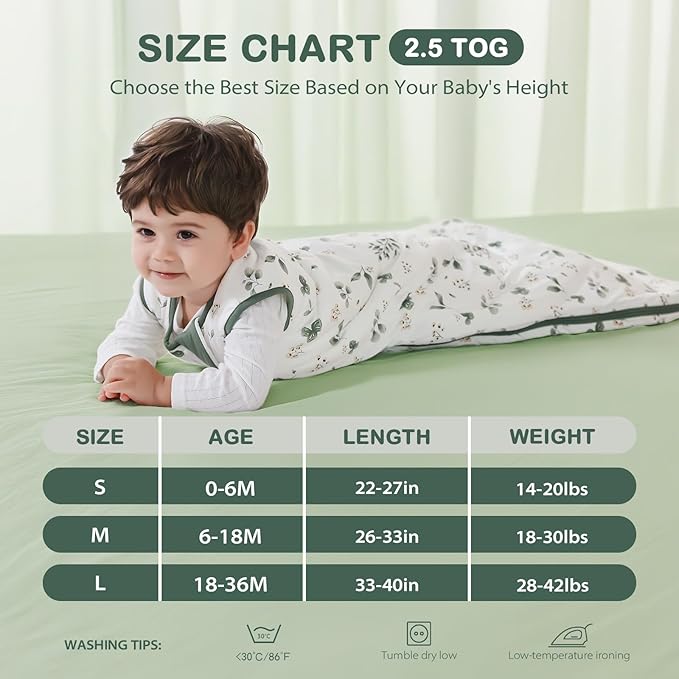 Mosebears Unisex Rayon Made from Bamboo Sleep Sack with 2-Way Zipper,2.5 Tog Baby Winter Sleep Sack(Plant,0-6 Months)