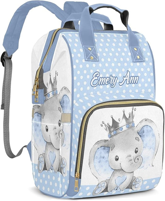 Personalized Elephant Prince Crown Custom with Name Diaper Bag Backpack For Baby Boy Girl Dad Mom Unisex for Adult Daypack Holiday Gift