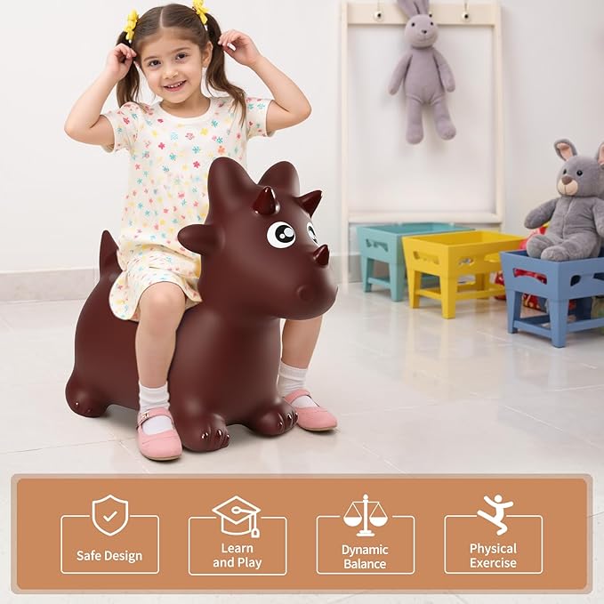 INPANY Bouncy Horse, Dinosaur Hopper Toys, Toddler Bouncing Animal, Dinosaur Party Decorations, Inflatable Ride on Rubber Triceratops Bouncer, Outdoor Cool Birthday Gift for 2 3 4 Yr Boy Girl Maroon