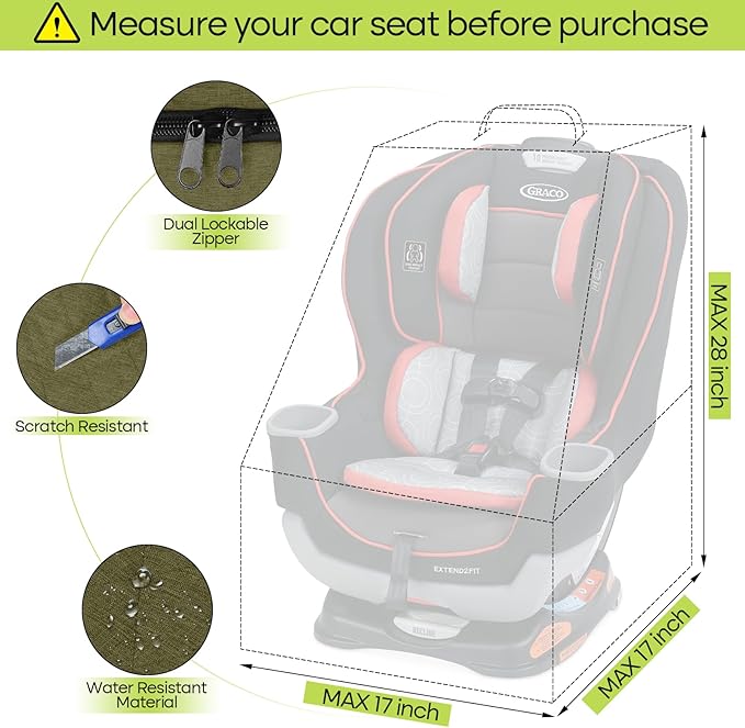 ZRRAJOY Padded Car Seat Travel Bag for Airplane, Heavy Duty Backpack for Air Travel, Water-Resistant Carrier with Shoulder Strap, Fits Most Car Seats (Green)