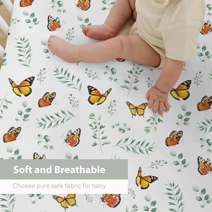 Butterflies Green Leaves Baby Crib Sheets for Boy Girl 52x28Inch Spring Garden Soft Stretchy Fitted Crib Mattress Cover Boho Greenery Nursery Baby Sheet for Crib & Toddler Bed Mattresses