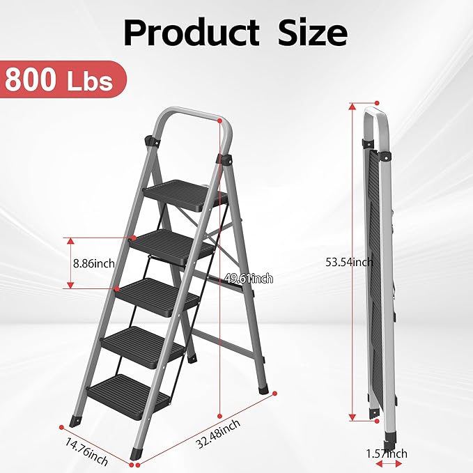 DIAMONDFORGE 5-Step Foldable Step Ladder Stool with Handle, Anti-Slip Wide Pedals & Feet, 800lbs Capacity, Sturdy Stepstool Folding for Adults in Home & Kitchen Use - Silver Gray