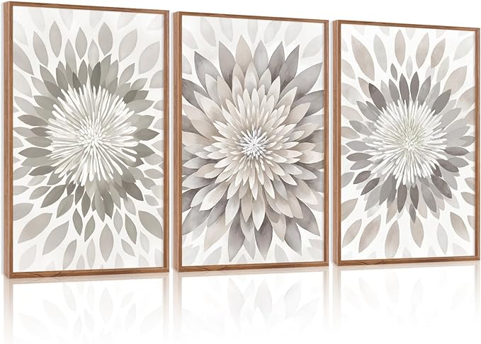 CHDITB Modern Floral Burst Framed Canvas Wall Art Set, Nature Flower Petal Wall Decor, Neutral Beige And Gray Botanical Painting, Contemporary Art Prints For Living Room Bedroom Office-16 x24 x3