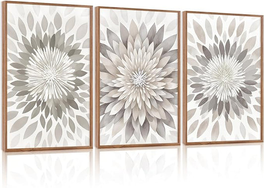 CHDITB Modern Floral Burst Framed Canvas Wall Art Set, Nature Flower Petal Wall Decor, Neutral Beige And Gray Botanical Painting, Contemporary Art Prints For Living Room Bedroom Office-16 x24 x3