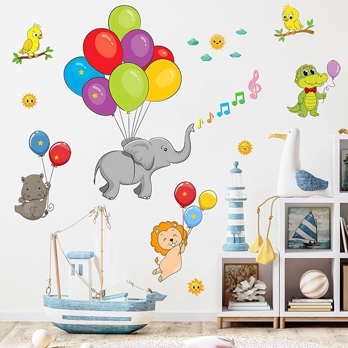 Eutecado Forest Animals Balloon Wall Decals Colorful Kids Wall Stickers, Lovely Elephant Hippo Lion Crocodile Wall Stickers Sun Clouds Art Decals for Nursery Classroom Playroom Cute Room Decor