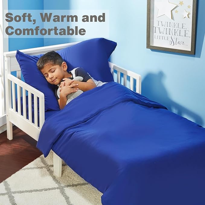 EVERYDAY KIDS 4 Piece Toddler Bedding Set - Includes Comforter, Flat Sheet, Fitted Sheet and Reversible Pillowcase - Solid Navy