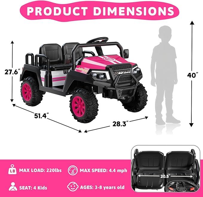 Electric Car for Kids, 24V 4 Seater Ride on Toys w/Parent Remote, 4 Wheeler Suspension, Max 220lbs Weight Capacity, USB, Music, Radio, LED Light, Ride on Truck for Boy/Girl Ages 3-8, Pink