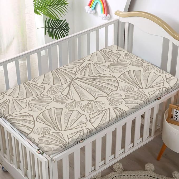 Seashells Themed Fitted Crib Sheet,Standard Crib Mattress Fitted Sheet Ultra Soft Material-Baby Sheet for Boys Girls,28“ x52“,Tan and Beige