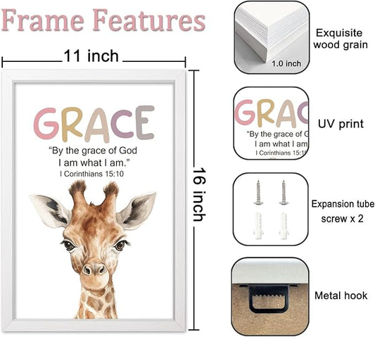 Cute Giraffe Elephant Tiger Zebra Quote Framed Wall Art Set of 4, 11x16 Educational Grace Love Courage Hope Saying Sign for Baby Girl Kid Boy Toddlers, Boho Wooden Inspirational Nursery Wall Decor