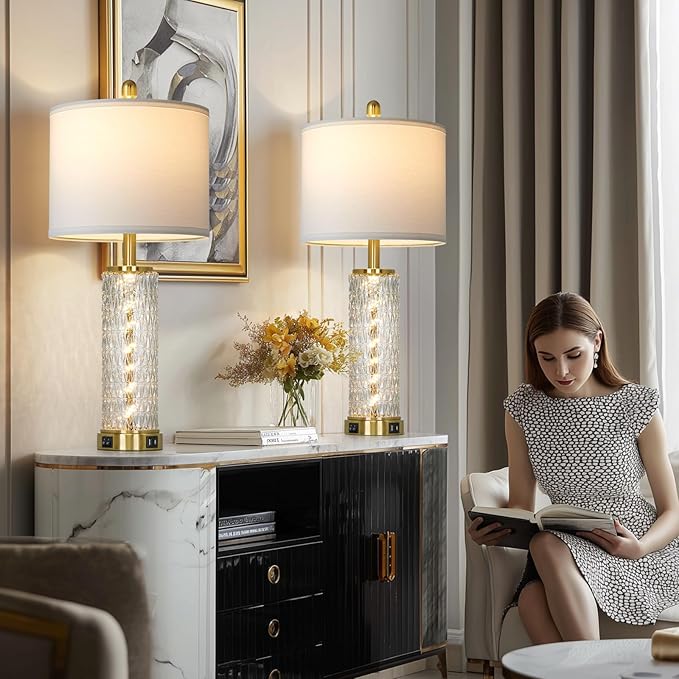 luxeflow 28" Gold Glass Table Lamps Set of 2, Gold Modern Bedside Lamp with LED Night Light, USB A+C, Glass Lamps for Living Room, Bedroom, Nightstand, Office, End Table (2 Bulbs Included)