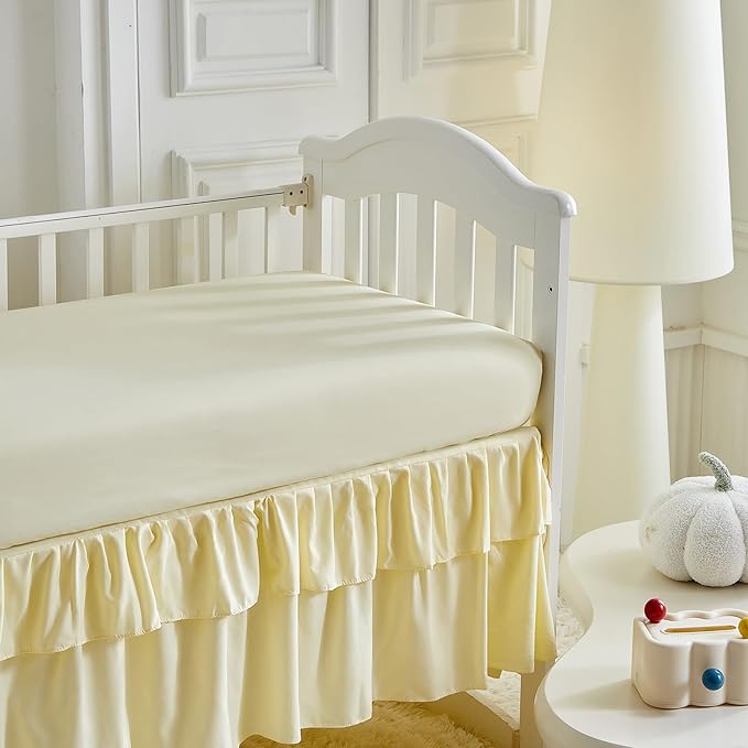 Ruffled Crib Bedding Set Baby Boho Quilted Comforter with Fitted Sheet and Bed Skirt - Cute Soft Breathable Seersucker Ruffled Shabby Chic Bedding Soft Blanket Design - Yellow