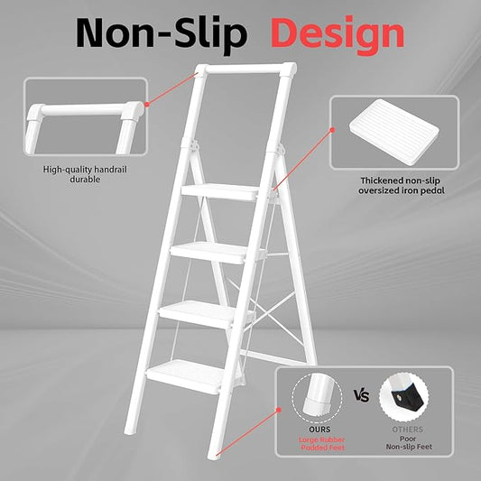 4 Step Ladder, DIAMONDFORGE Folding Step Stool with Wide Anti-Slip Pedal, Anti-Slip Feet and Handgrip, Sturdiest Steel Construction, Steel Ladder for Home, White
